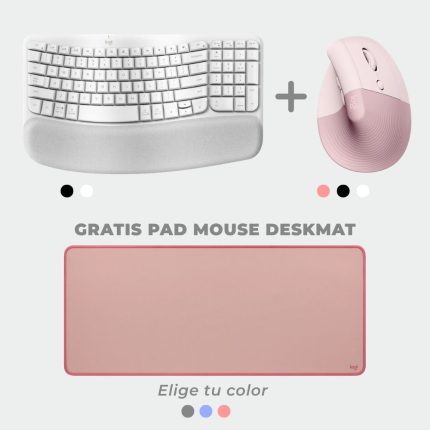 Combo Logitech Teclado ERGO WAVE blanco + Mouse Lift Left Rosado Vertical Ergonomic Wireless