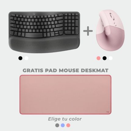 Combo Logitech Teclado ERGO WAVE Negro+ Mouse Lift Left Rosado Vertical Ergonomic Wireless