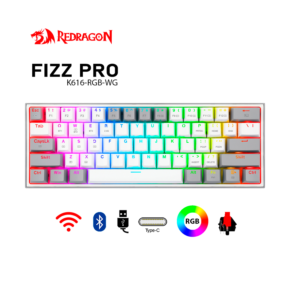 fizz-pro-gris-1.jpg Teclado Gamer Redragon Fizz Pro Inalámbrico K616 | White / Gray - Imagen 1